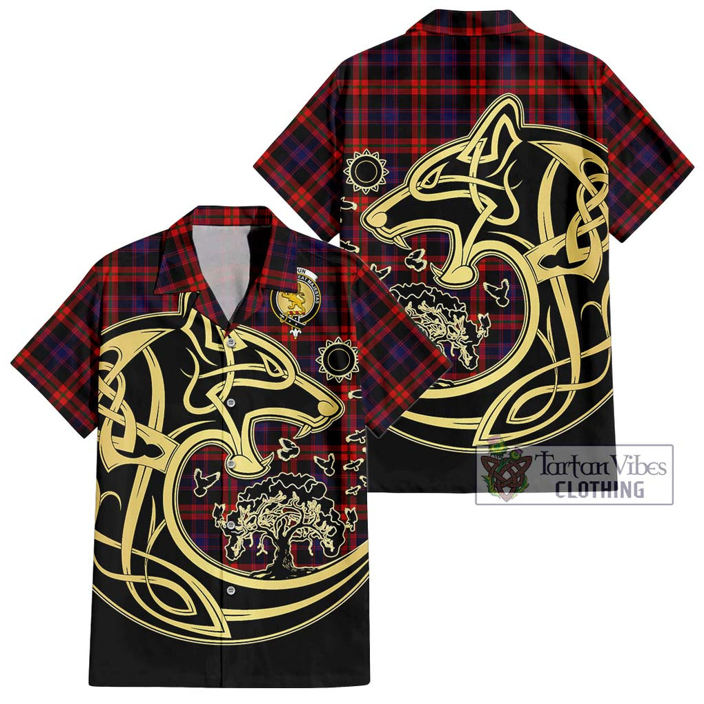 Broun Modern Tartan Short Sleeve Button Shirt with Family Crest Celtic Wolf Style Kid - Tartan Vibes Clothing