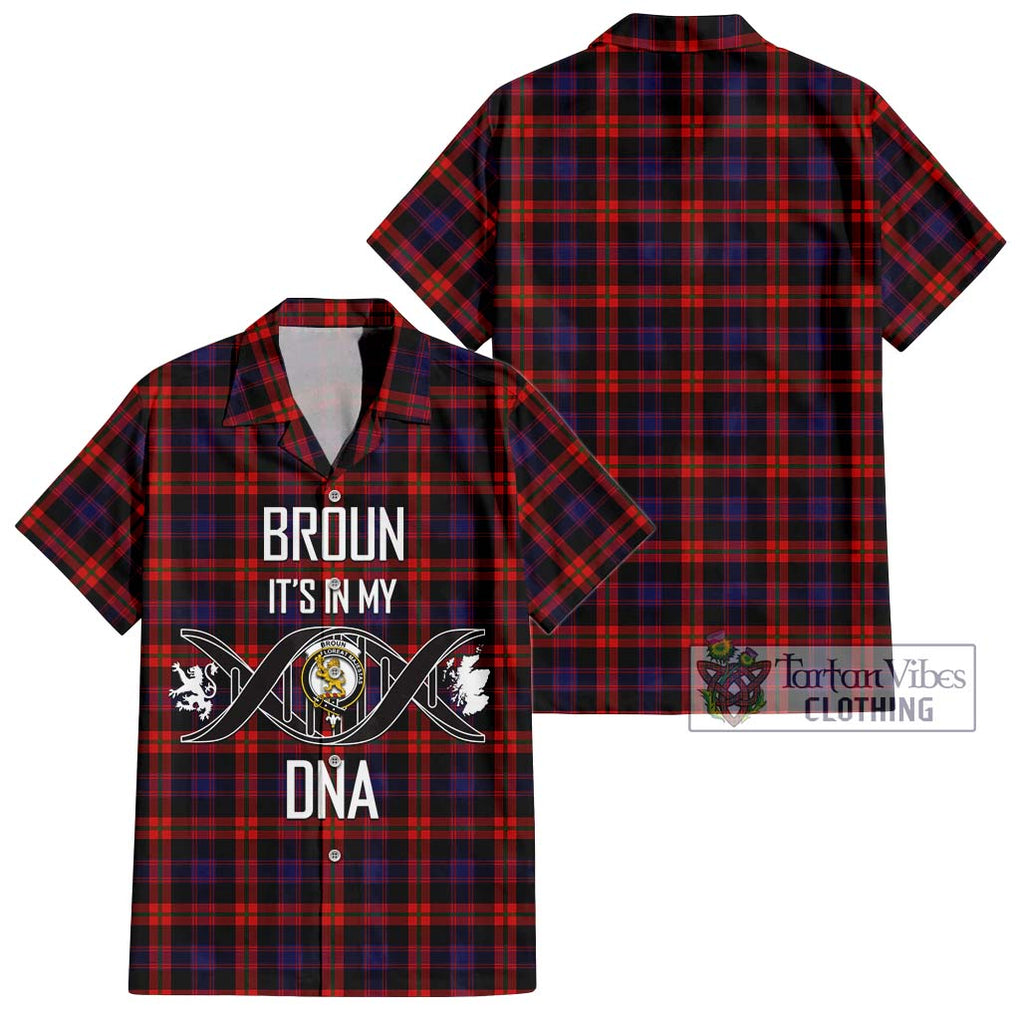 Broun Modern Tartan Short Sleeve Button Shirt with Family Crest DNA In Me Style Kid - Tartanvibesclothing Shop