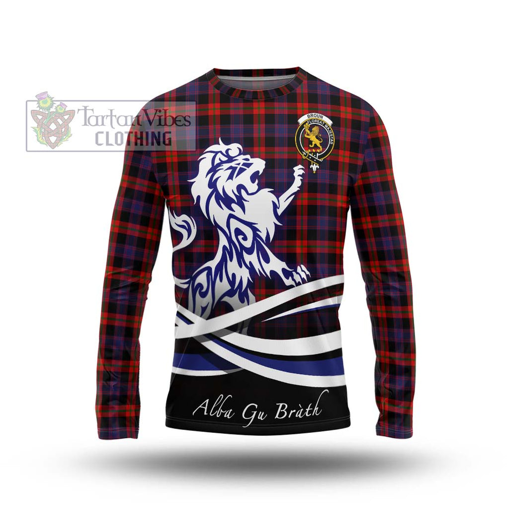 Broun Modern Tartan Long Sleeve T-Shirt with Alba Gu Brath Regal Lion Emblem Unisex - Tartanvibesclothing Shop