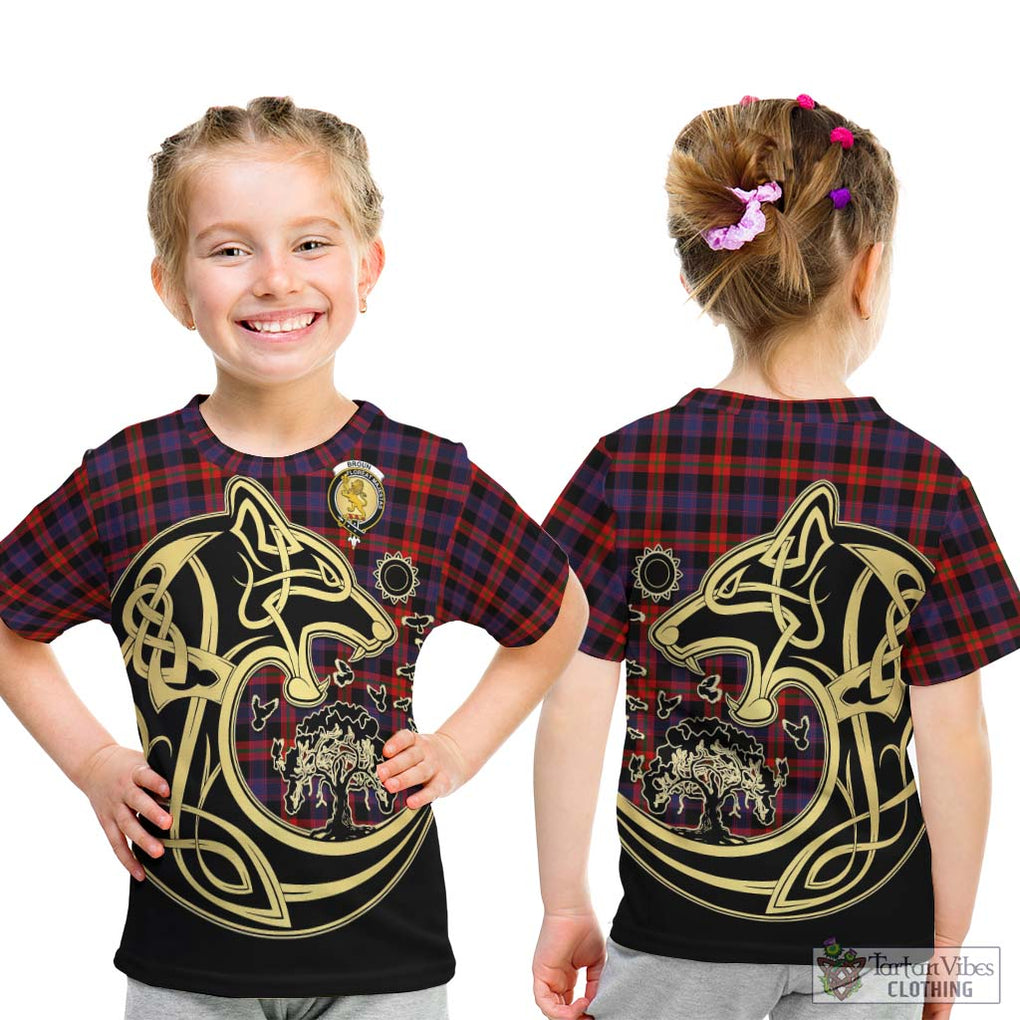 Broun Modern Tartan Kid T-Shirt with Family Crest Celtic Wolf Style - Tartan Vibes Clothing