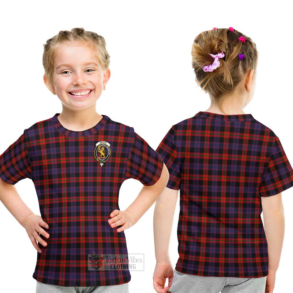 Broun Modern Tartan Kid T-Shirt with Family Crest - Tartanvibesclothing Shop