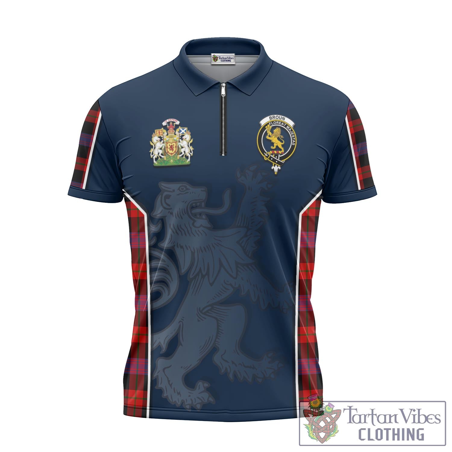 Tartan Vibes Clothing Broun Modern Tartan Zipper Polo Shirt with Family Crest and Lion Rampant Vibes Sport Style