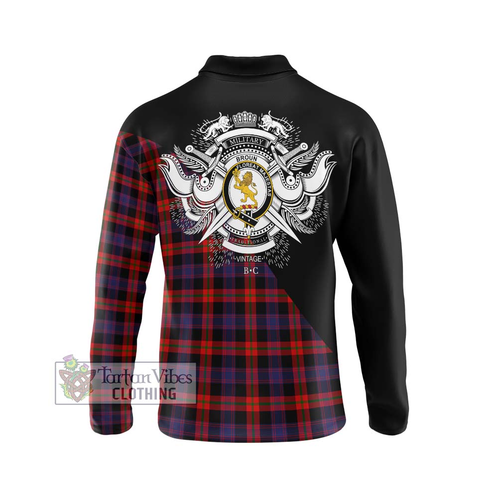 Broun Modern Tartan Long Sleeve Polo Shirt with Family Crest and Military Logo Style - Tartanvibesclothing Shop