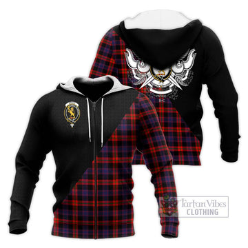 Broun Modern Tartan Knitted Hoodie with Family Crest and Military Logo Style