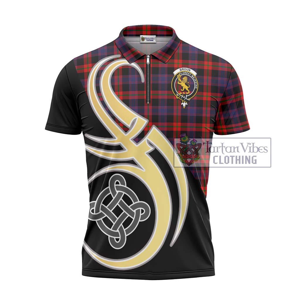 Tartan Vibes Clothing Broun Modern Tartan Zipper Polo Shirt with Family Crest and Celtic Symbol Style