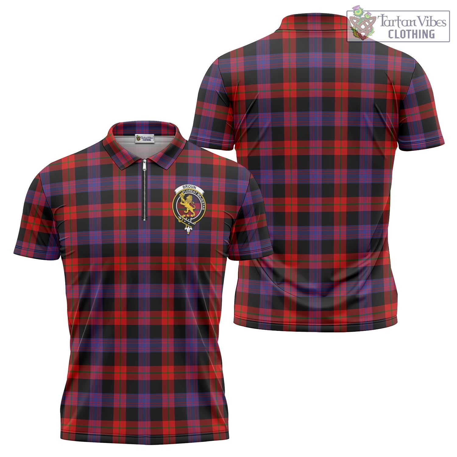 Tartan Vibes Clothing Broun Modern Tartan Zipper Polo Shirt with Family Crest