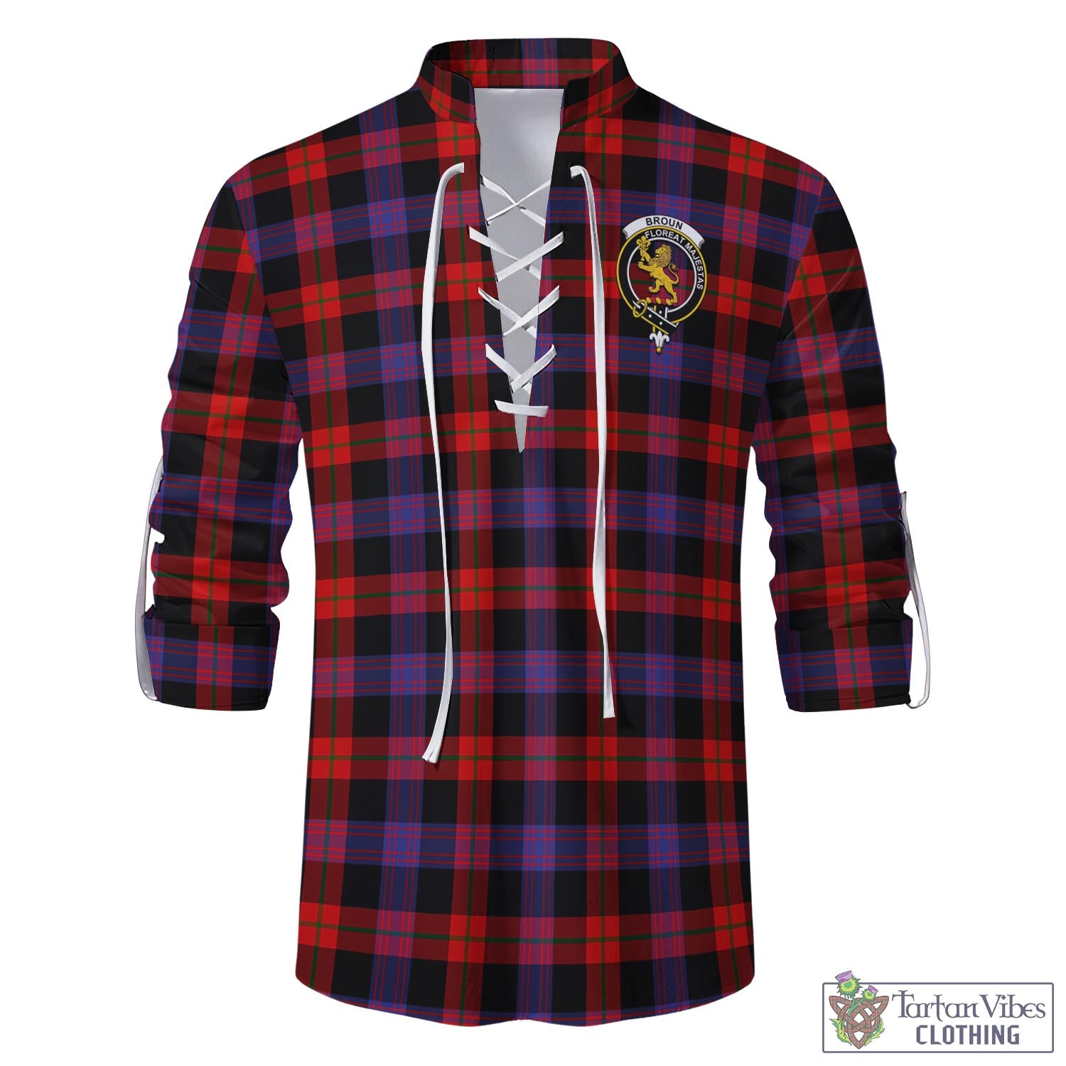 Tartan Vibes Clothing Broun Modern Tartan Men's Scottish Traditional Jacobite Ghillie Kilt Shirt with Family Crest