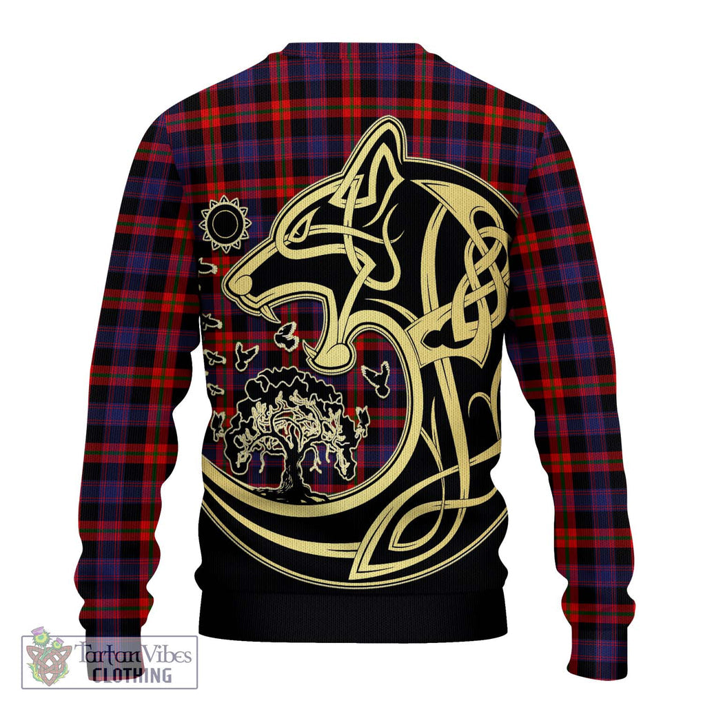 Broun Modern Tartan Knitted Sweater with Family Crest Celtic Wolf Style - Tartan Vibes Clothing