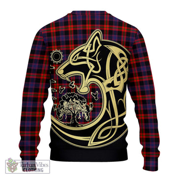 Broun Modern Tartan Ugly Sweater with Family Crest Celtic Wolf Style