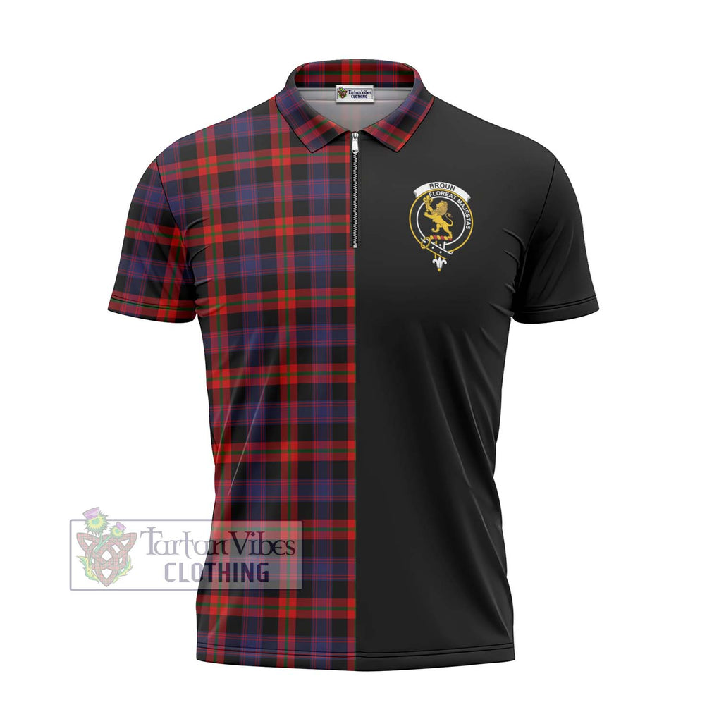 Broun Modern Tartan Zipper Polo Shirt with Family Crest and Half Of Me Style - Tartanvibesclothing Shop