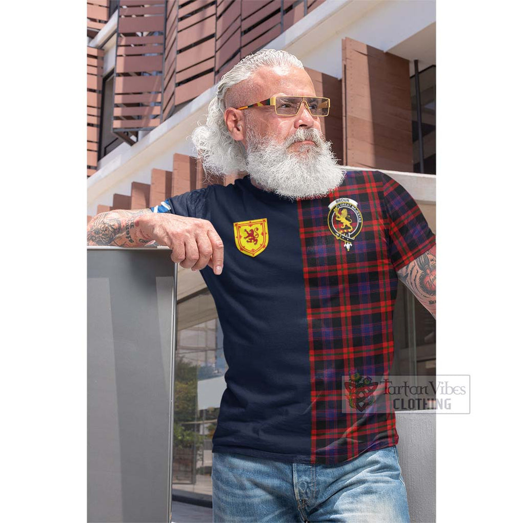 Tartan Vibes Clothing Broun Modern Tartan Cotton T-shirt with Scottish Lion Royal Arm Half Style