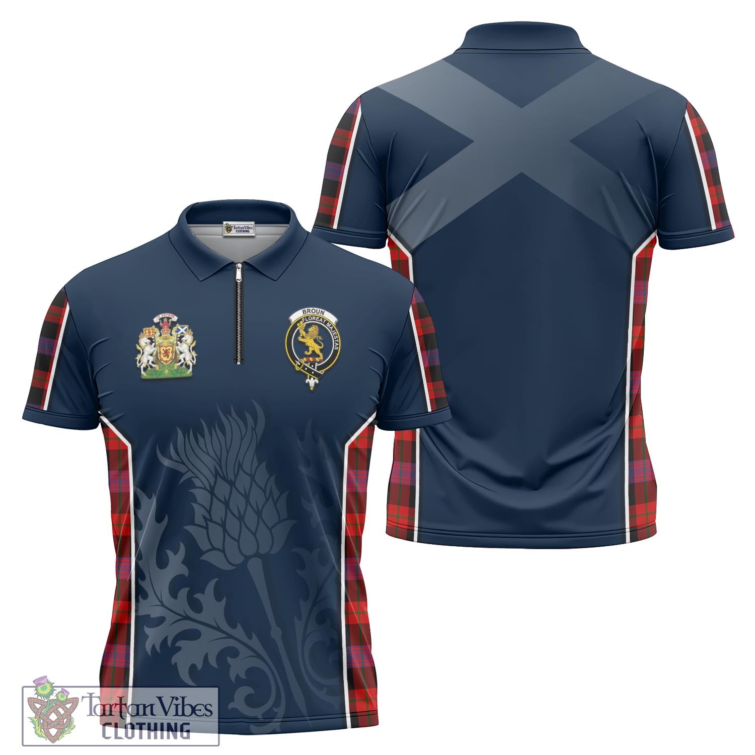 Tartan Vibes Clothing Broun Modern Tartan Zipper Polo Shirt with Family Crest and Scottish Thistle Vibes Sport Style