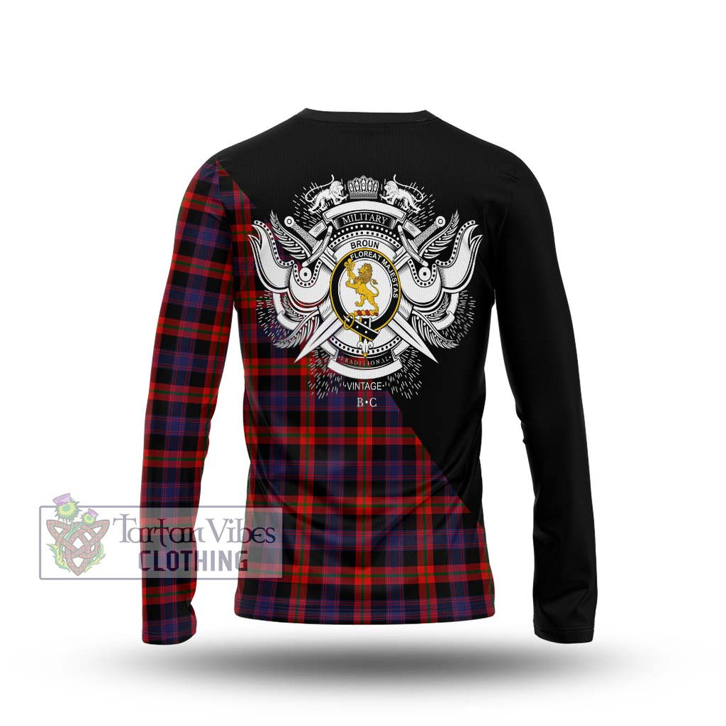 Broun Modern Tartan Long Sleeve T-Shirt with Family Crest and Military Logo Style - Tartanvibesclothing Shop