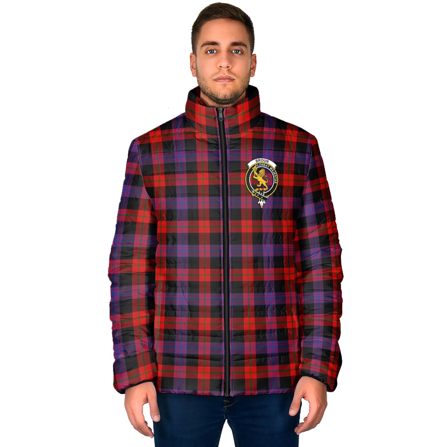 Broun Modern Tartan Padded Jacket with Family Crest - Tartan Vibes Clothing