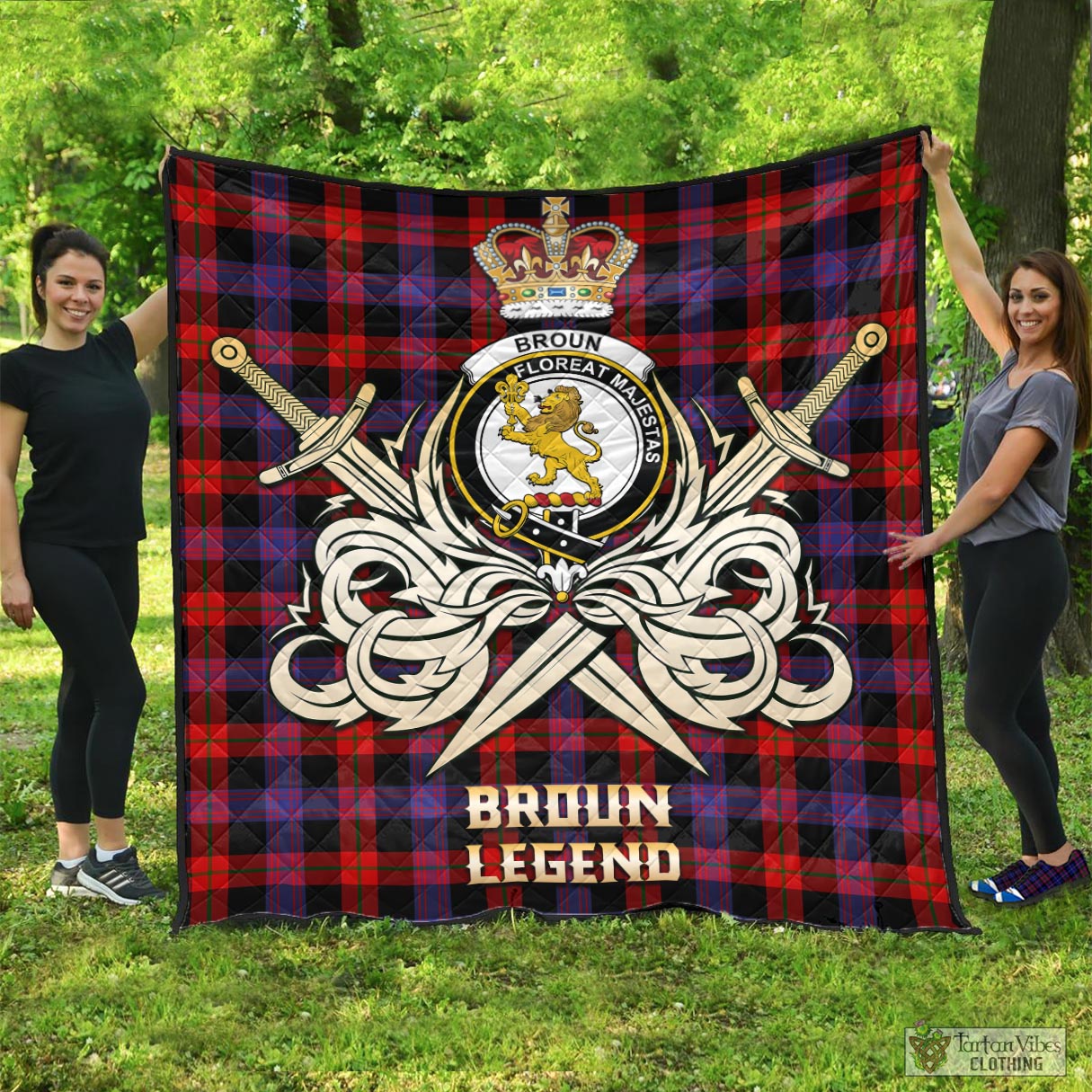 Tartan Vibes Clothing Broun Modern Tartan Quilt with Clan Crest and the Golden Sword of Courageous Legacy