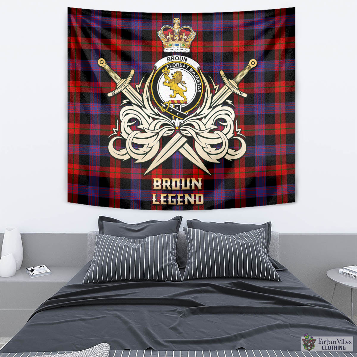 Tartan Vibes Clothing Broun Modern Tartan Tapestry with Clan Crest and the Golden Sword of Courageous Legacy