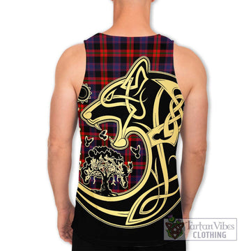 Broun Modern Tartan Men's Tank Top with Family Crest Celtic Wolf Style