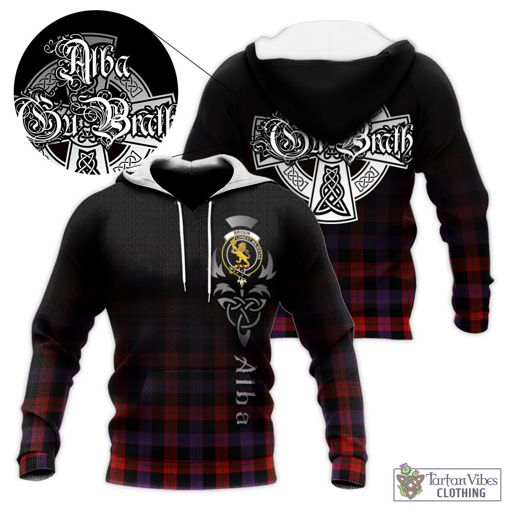 Tartan Vibes Clothing Broun Modern Tartan Knitted Hoodie Featuring Alba Gu Brath Family Crest Celtic Inspired