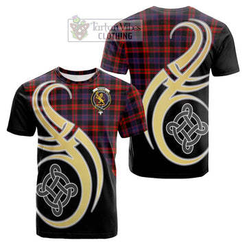 Broun Modern Tartan Cotton T-shirt with Family Crest and Celtic Symbol Style