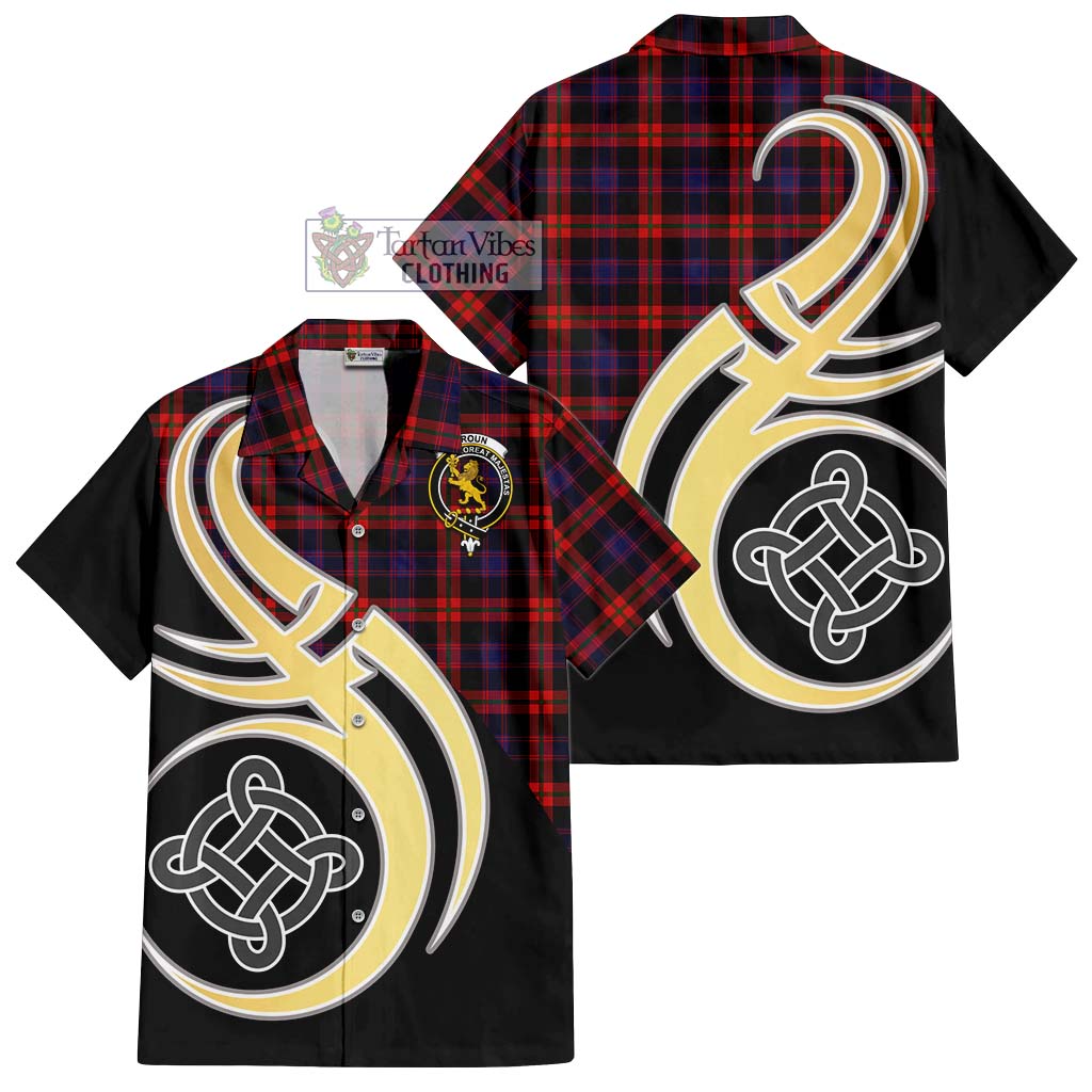 Broun Modern Tartan Short Sleeve Button Shirt with Family Crest and Celtic Symbol Style - Tartan Vibes Clothing