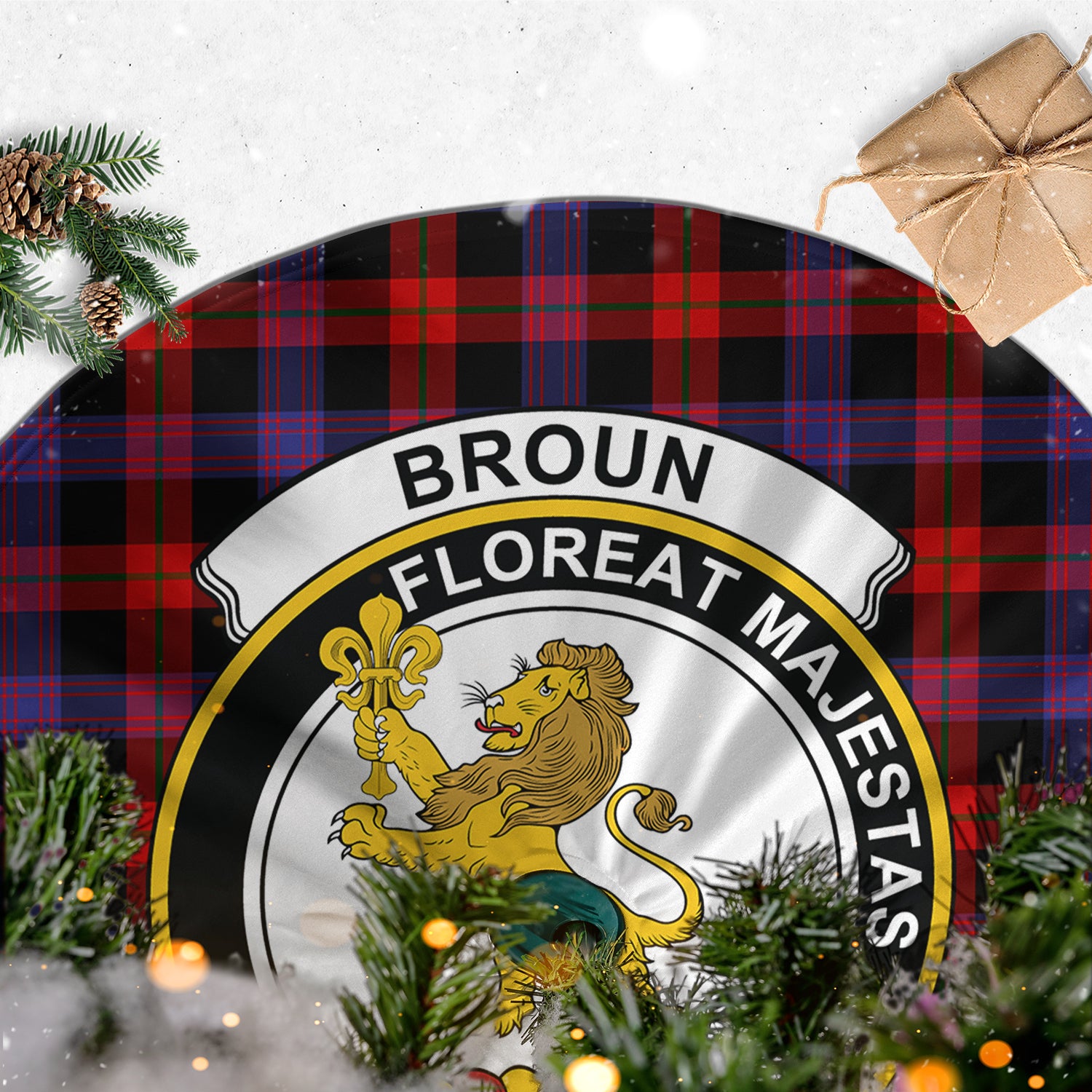 Broun Modern Tartan Christmas Tree Skirt with Family Crest - Tartanvibesclothing