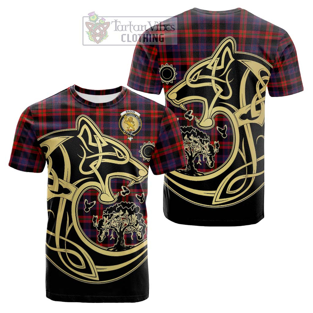 Tartan Vibes Clothing Broun Modern Tartan Cotton T-shirt with Family Crest Celtic Wolf Style