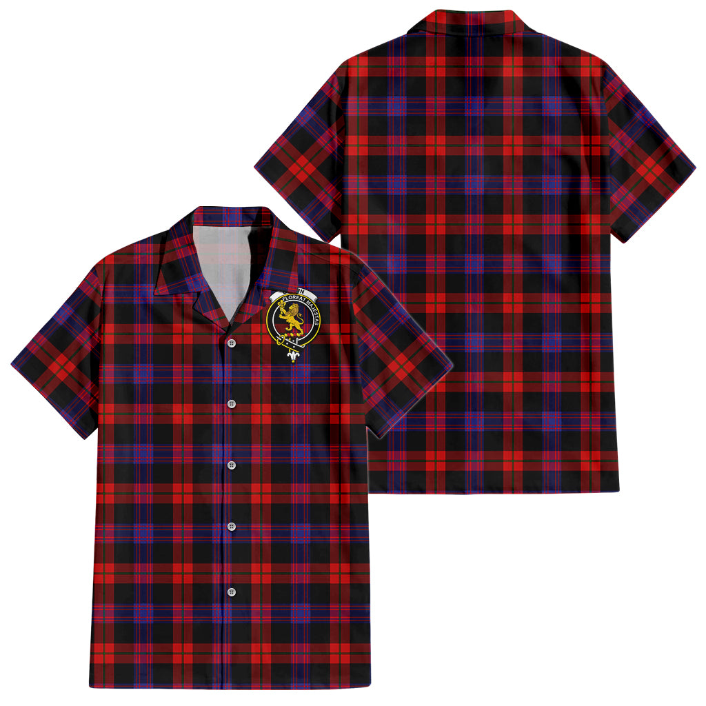 Broun Modern Tartan Short Sleeve Button Down Shirt with Family Crest - Tartanvibesclothing