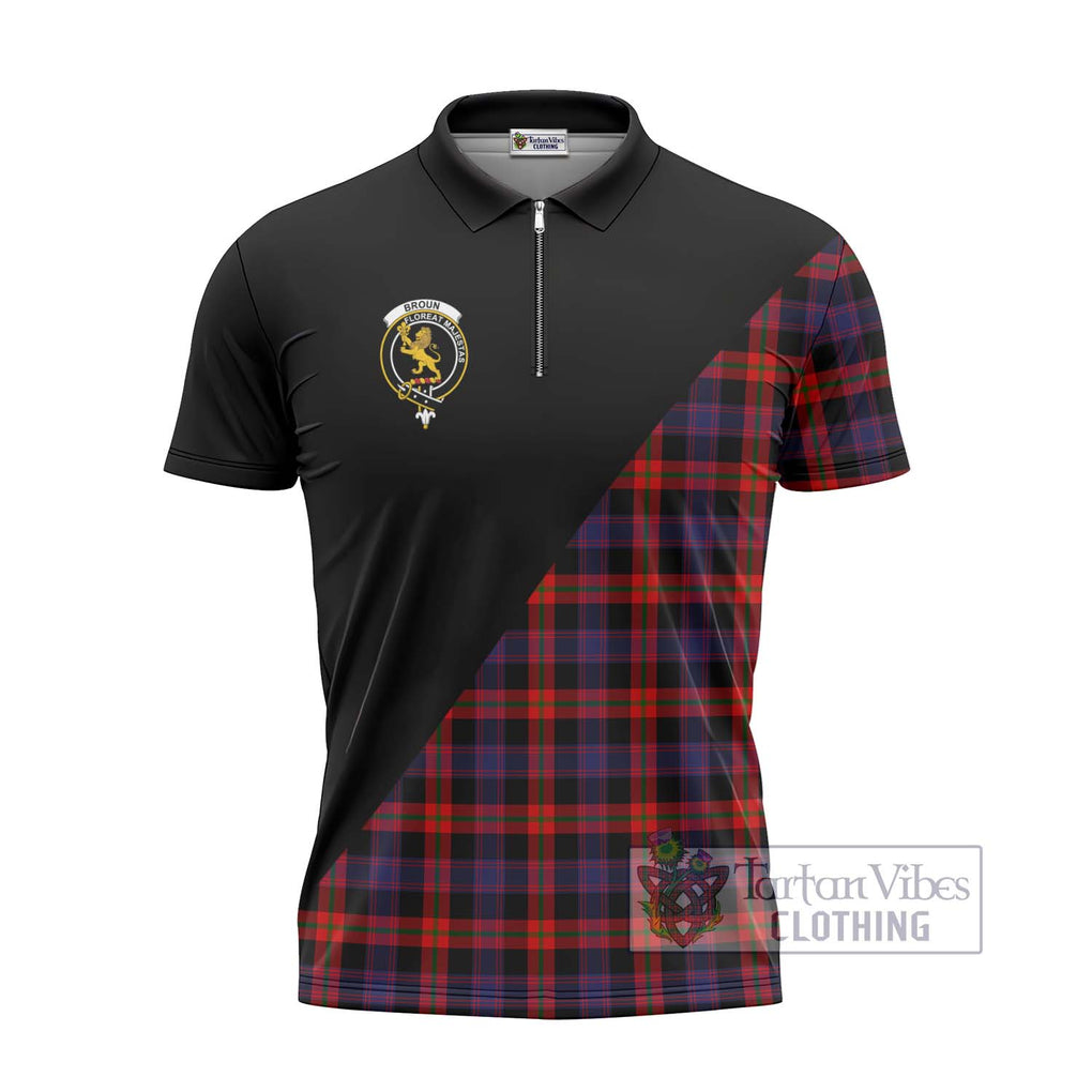 Broun Modern Tartan Zipper Polo Shirt with Family Crest and Military Logo Style - Tartanvibesclothing Shop