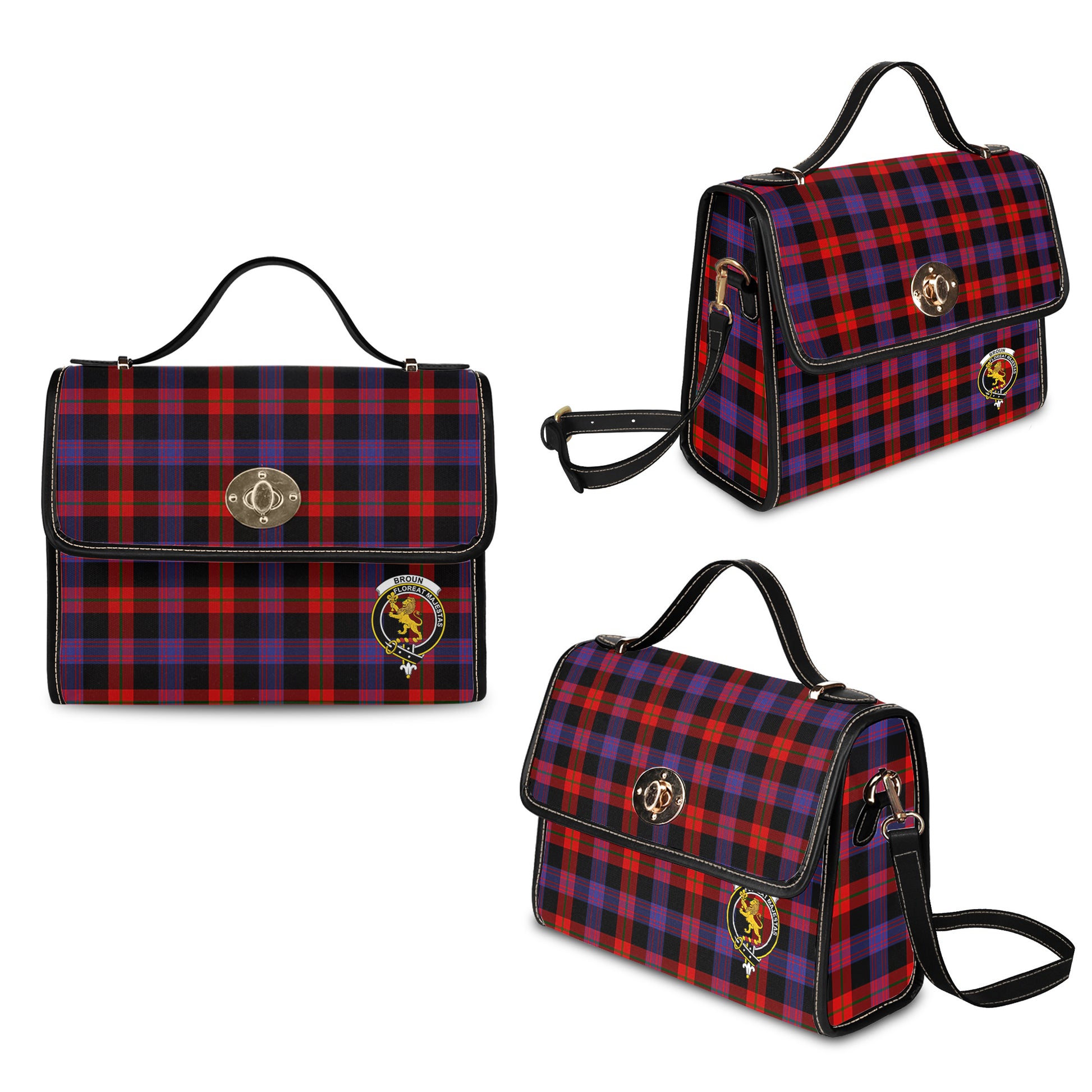 Broun Modern Tartan Leather Strap Waterproof Canvas Bag with Family Crest - Tartanvibesclothing