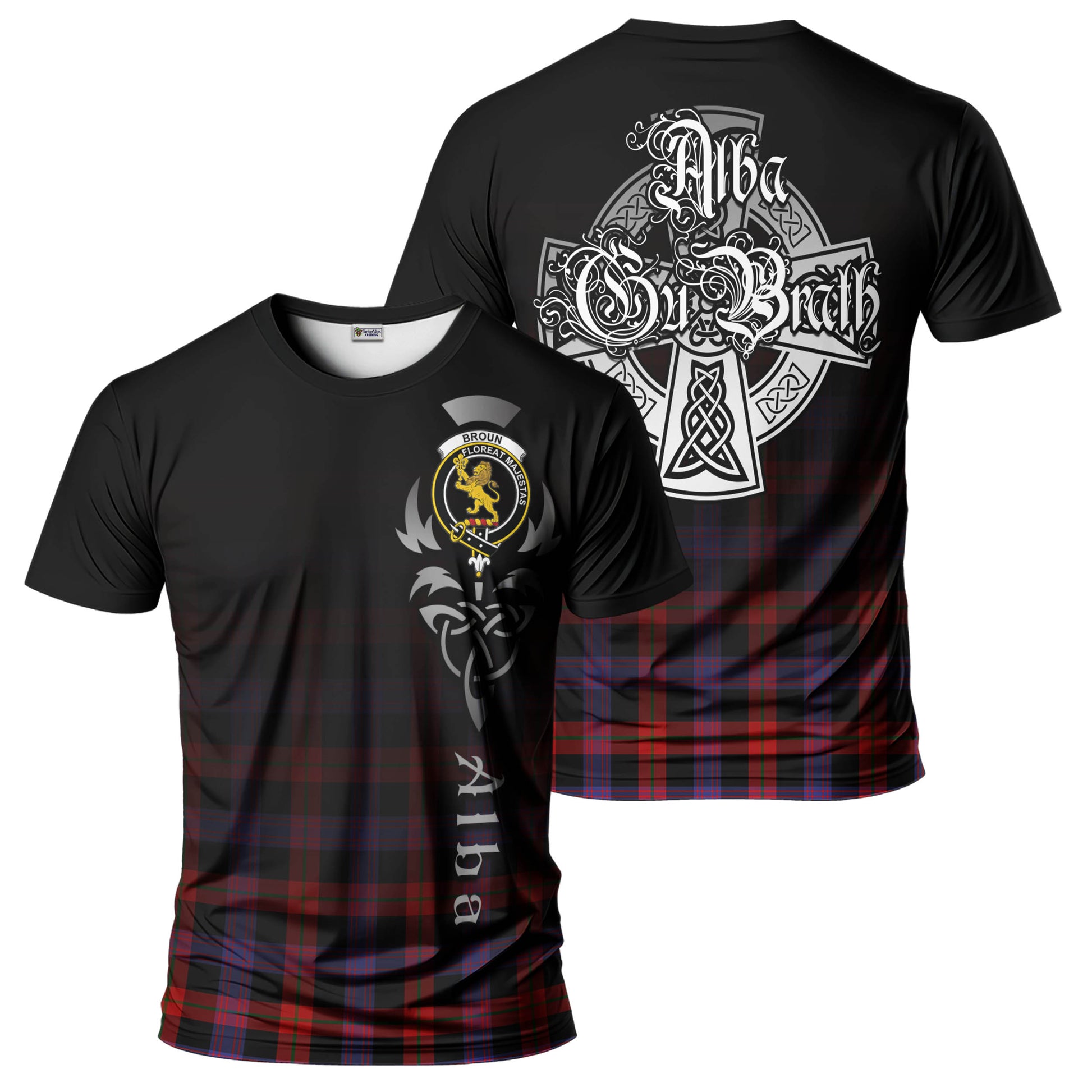 Tartan Vibes Clothing Broun Modern Tartan T-Shirt Featuring Alba Gu Brath Family Crest Celtic Inspired