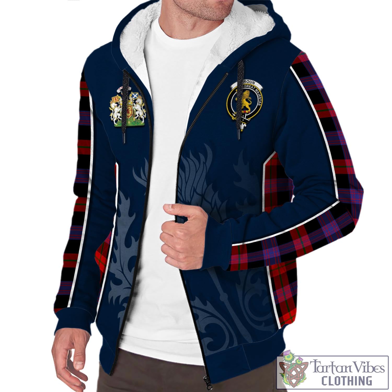 Tartan Vibes Clothing Broun Modern Tartan Sherpa Hoodie with Family Crest and Scottish Thistle Vibes Sport Style