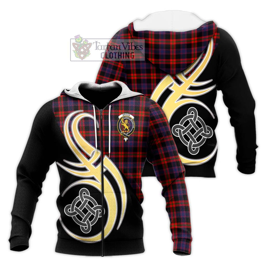 Broun Modern Tartan Knitted Hoodie with Family Crest and Celtic Symbol Style Unisex Knitted Zip Hoodie - Tartan Vibes Clothing