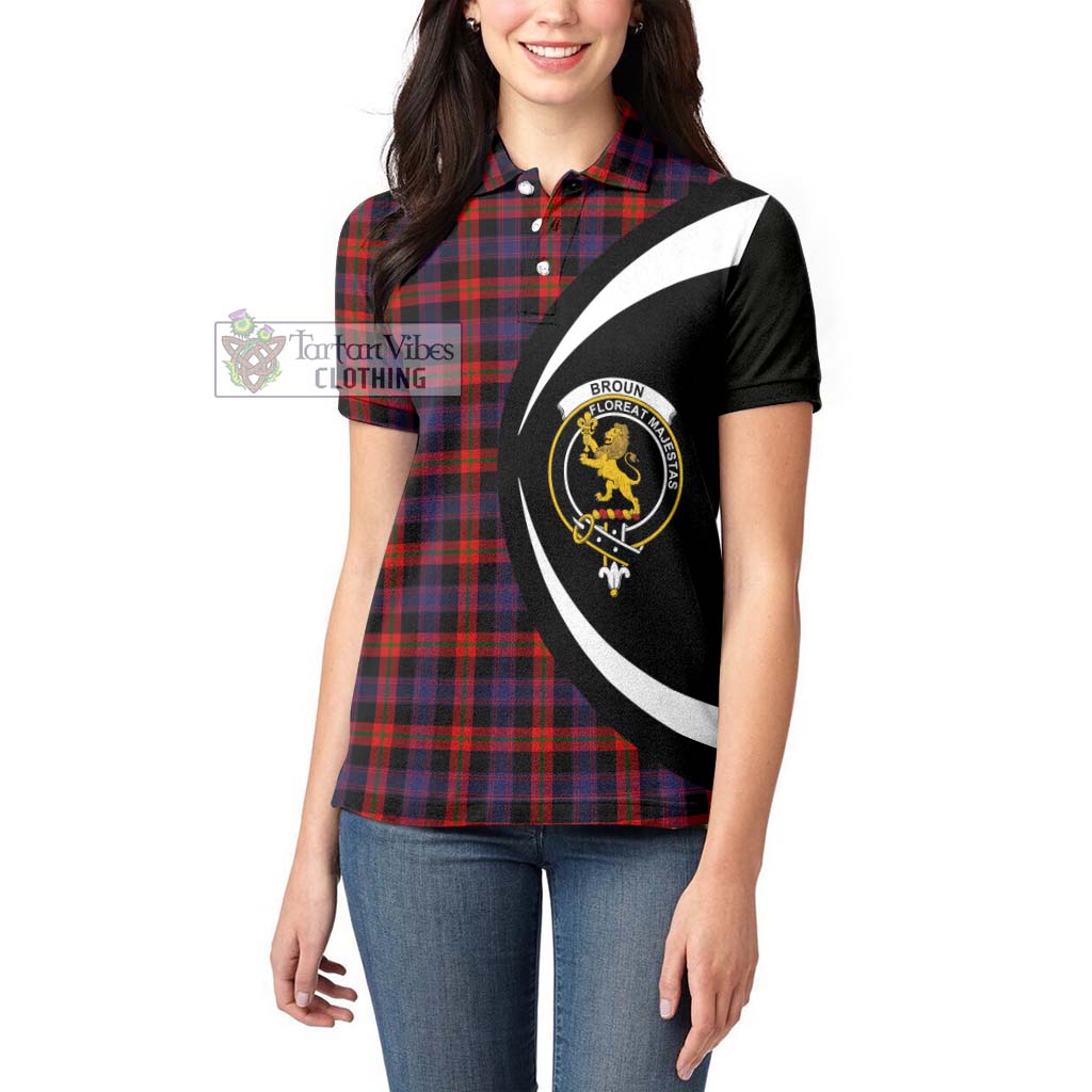 Broun Modern Tartan Women's Polo Shirt with Family Crest Circle Style - Tartan Vibes Clothing