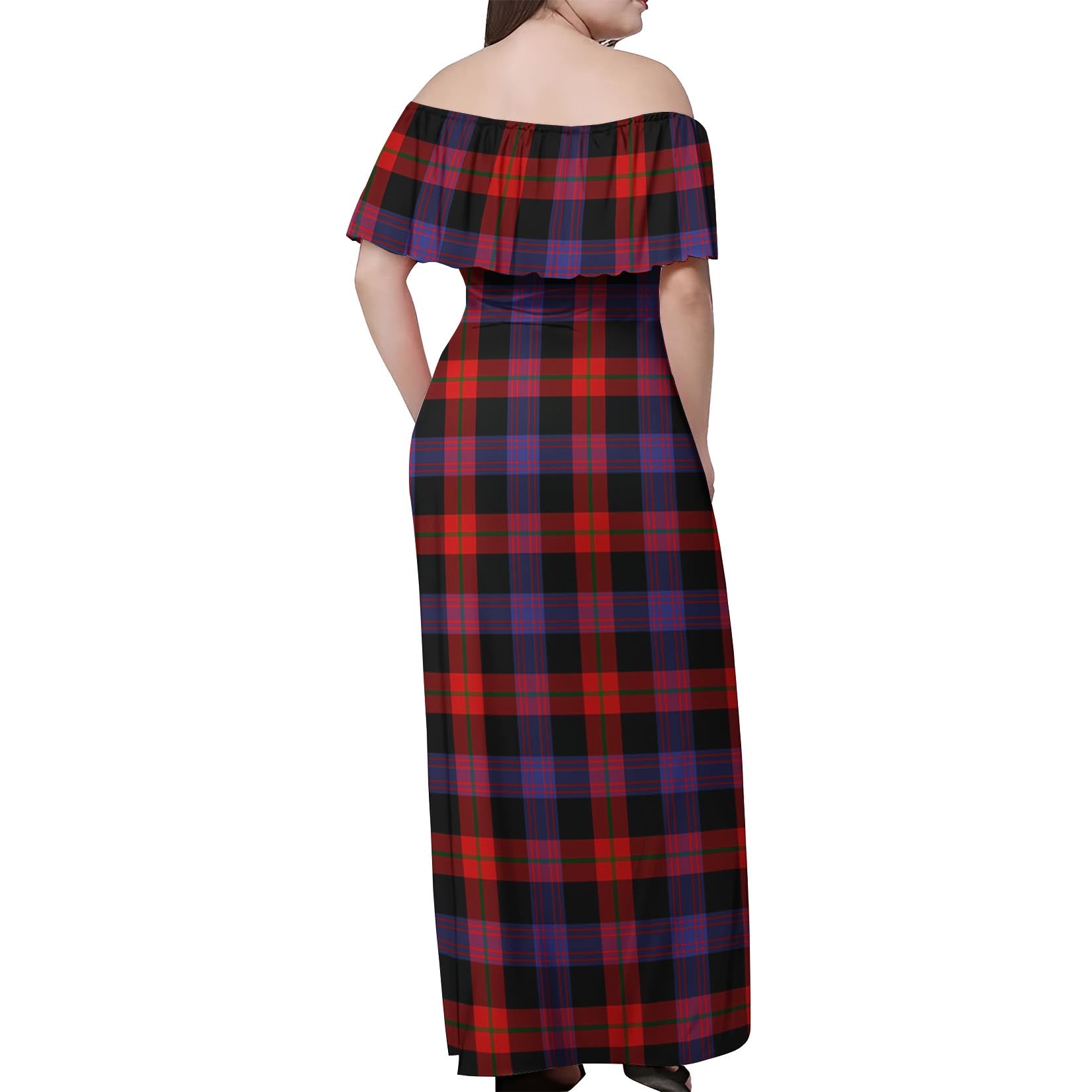 Broun Modern Tartan Off Shoulder Long Dress - Tartanvibesclothing