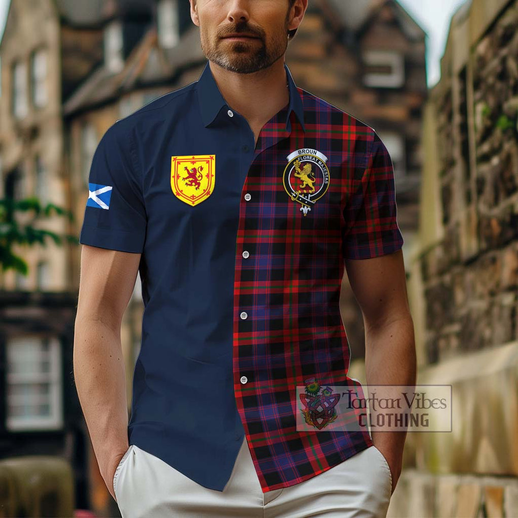 Tartan Vibes Clothing Broun Modern Tartan Short Sleeve Button Shirt with Scottish Lion Royal Arm Half Style