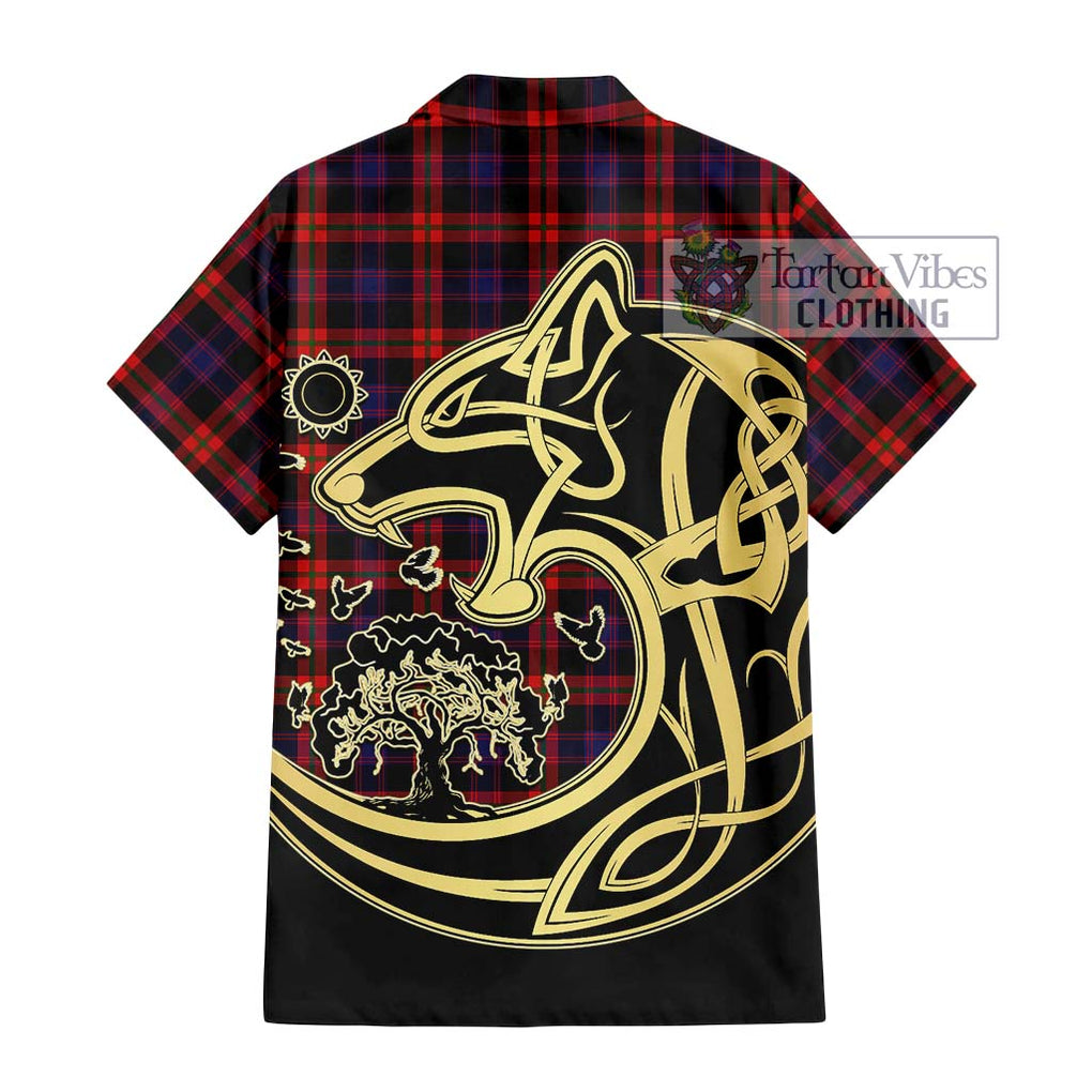 Broun Modern Tartan Short Sleeve Button Shirt with Family Crest Celtic Wolf Style - Tartan Vibes Clothing