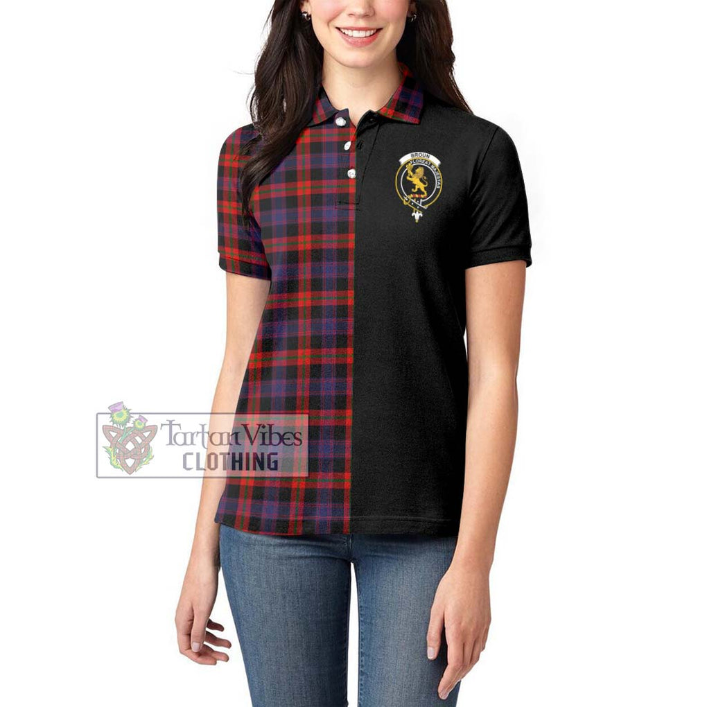 Broun Modern Tartan Women's Polo Shirt with Family Crest and Half Of Me Style - Tartanvibesclothing Shop