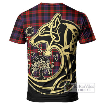 Broun Modern Tartan T-Shirt with Family Crest Celtic Wolf Style