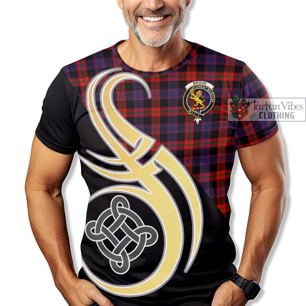 Tartan Vibes Clothing Broun Modern Tartan T-Shirt with Family Crest and Celtic Symbol Style