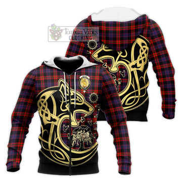 Broun Modern Tartan Knitted Hoodie with Family Crest Celtic Wolf Style