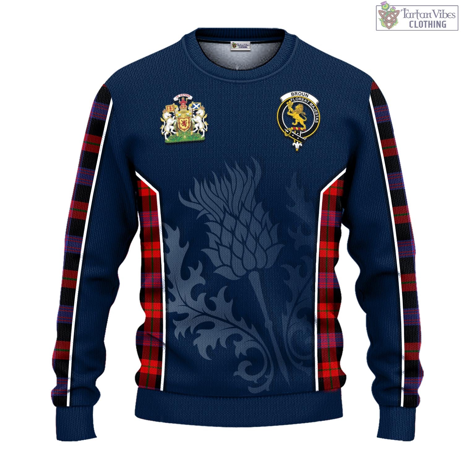 Tartan Vibes Clothing Broun Modern Tartan Knitted Sweatshirt with Family Crest and Scottish Thistle Vibes Sport Style