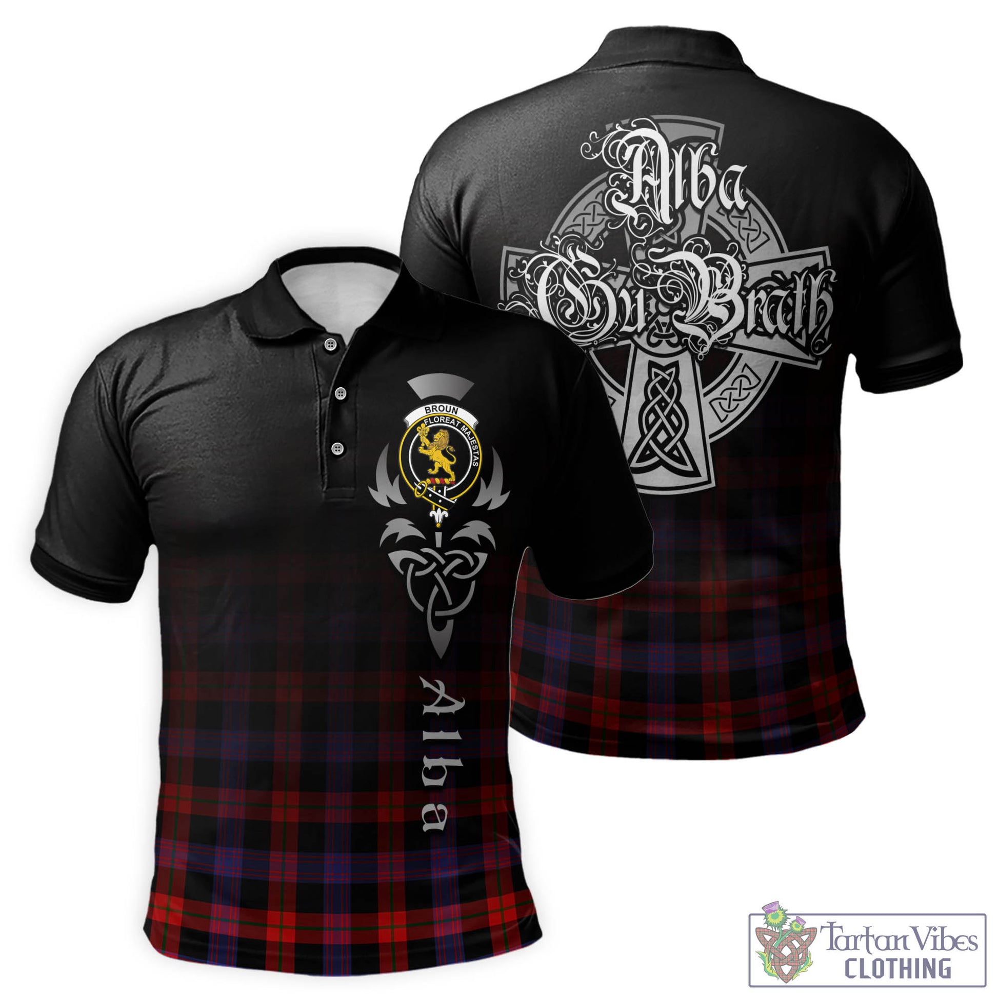 Tartan Vibes Clothing Broun Modern Tartan Polo Shirt Featuring Alba Gu Brath Family Crest Celtic Inspired