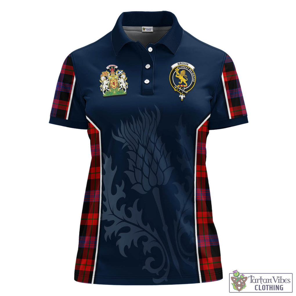 Tartan Vibes Clothing Broun Modern Tartan Women's Polo Shirt with Family Crest and Scottish Thistle Vibes Sport Style