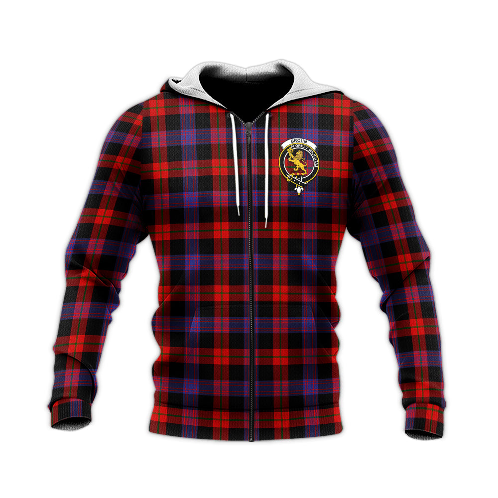 Broun Modern Tartan Knitted Hoodie with Family Crest Unisex Knitted Zip Hoodie - Tartanvibesclothing