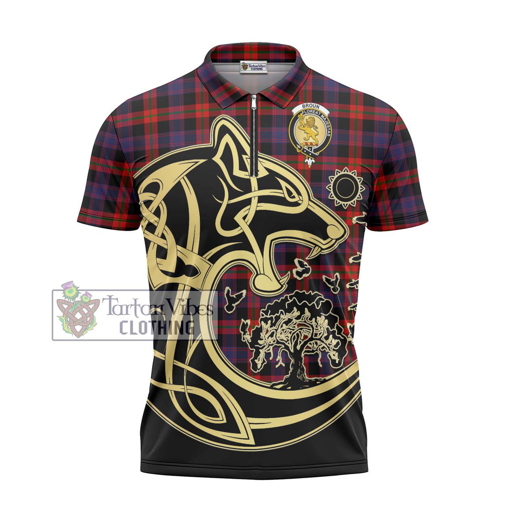 Broun Modern Tartan Zipper Polo Shirt with Family Crest Celtic Wolf Style - Tartanvibesclothing Shop