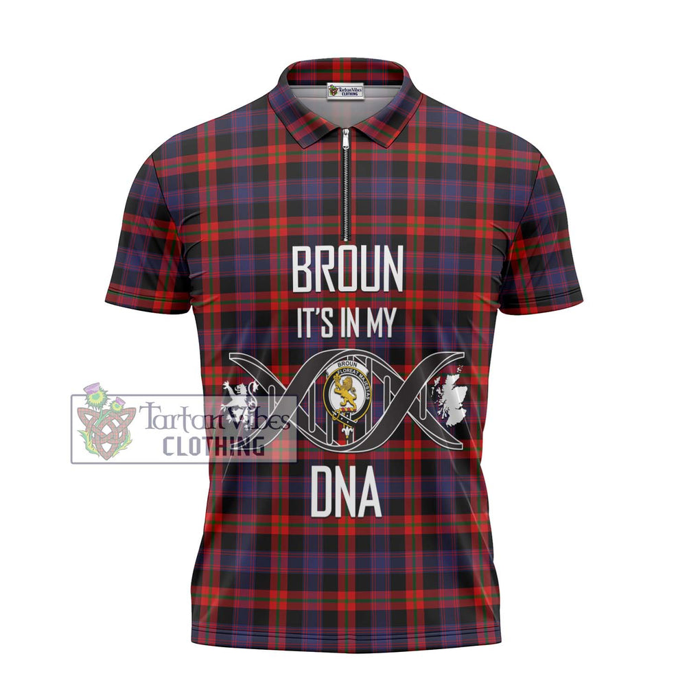 Broun Modern Tartan Zipper Polo Shirt with Family Crest DNA In Me Style - Tartanvibesclothing Shop