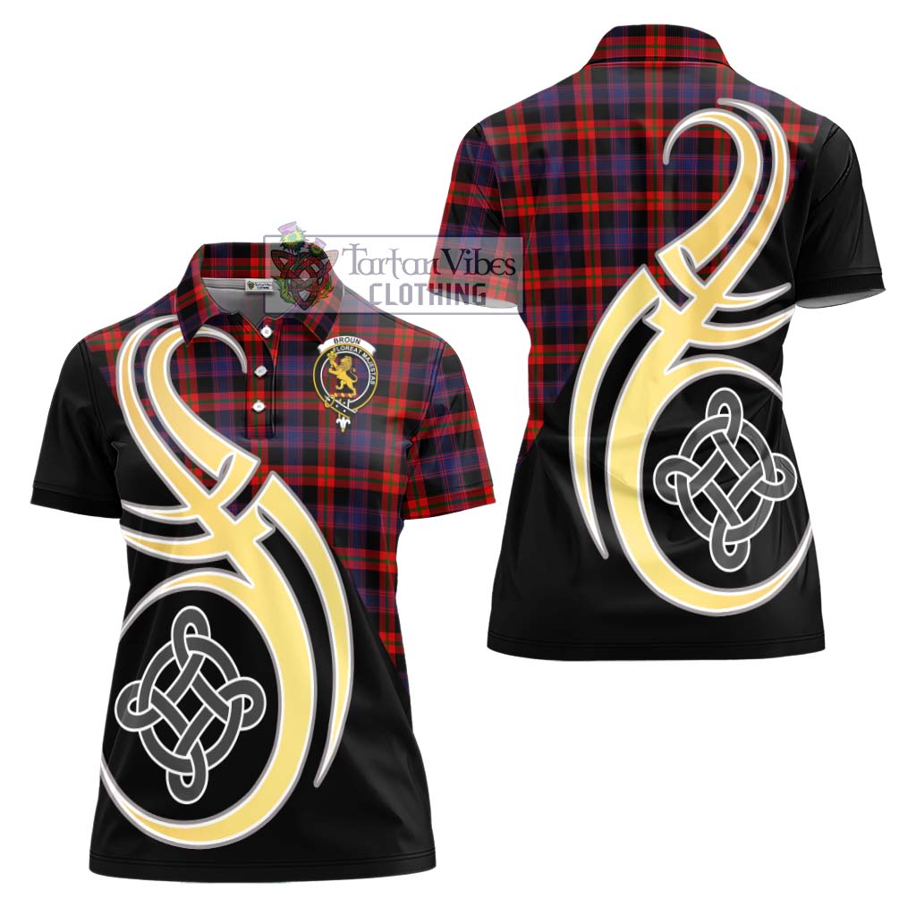 Broun Modern Tartan Women's Polo Shirt with Family Crest and Celtic Symbol Style - Tartan Vibes Clothing