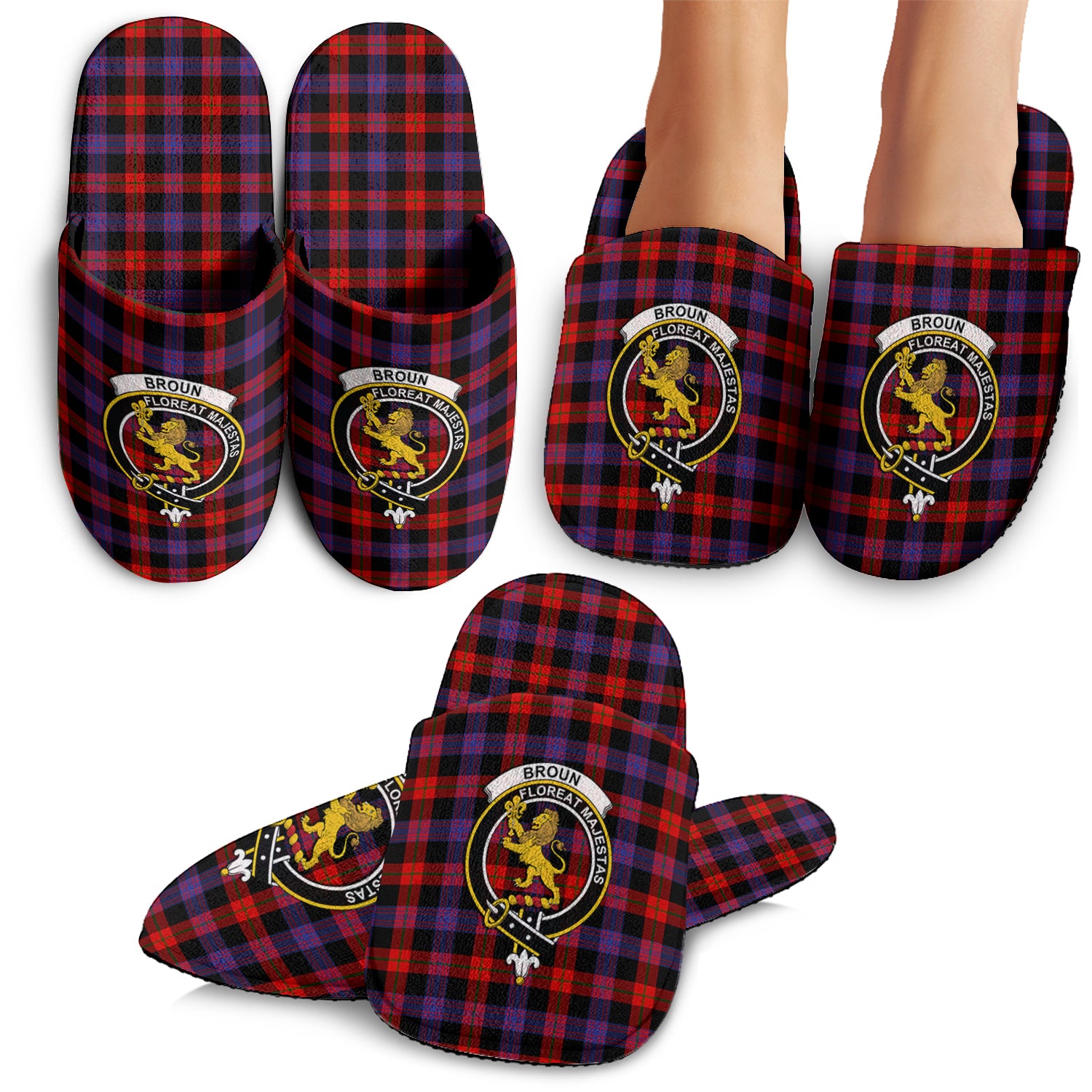 Broun Modern Tartan Home Slippers with Family Crest - Tartanvibesclothing