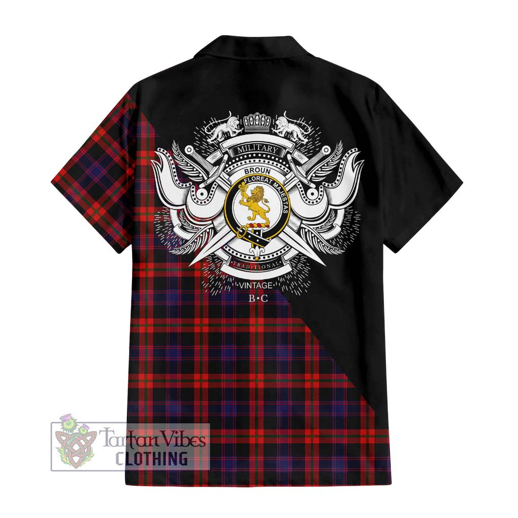 Broun Modern Tartan Short Sleeve Button Shirt with Family Crest and Military Logo Style - Tartanvibesclothing Shop