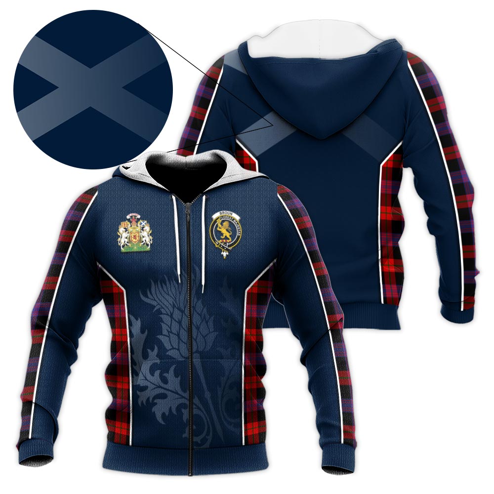 Tartan Vibes Clothing Broun Modern Tartan Knitted Hoodie with Family Crest and Scottish Thistle Vibes Sport Style